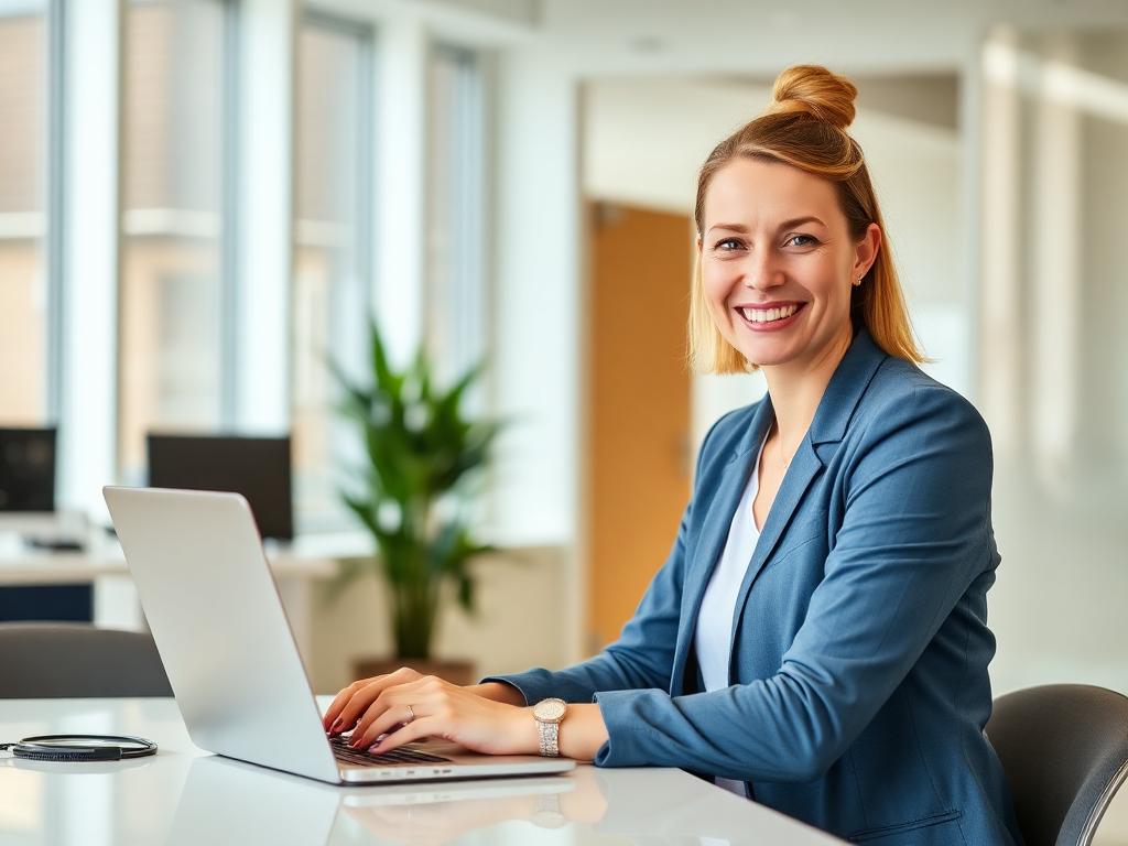 Affordable Websites Bristol — Friendly health consultant smiling at laptop, Pay Monthly Website Plan